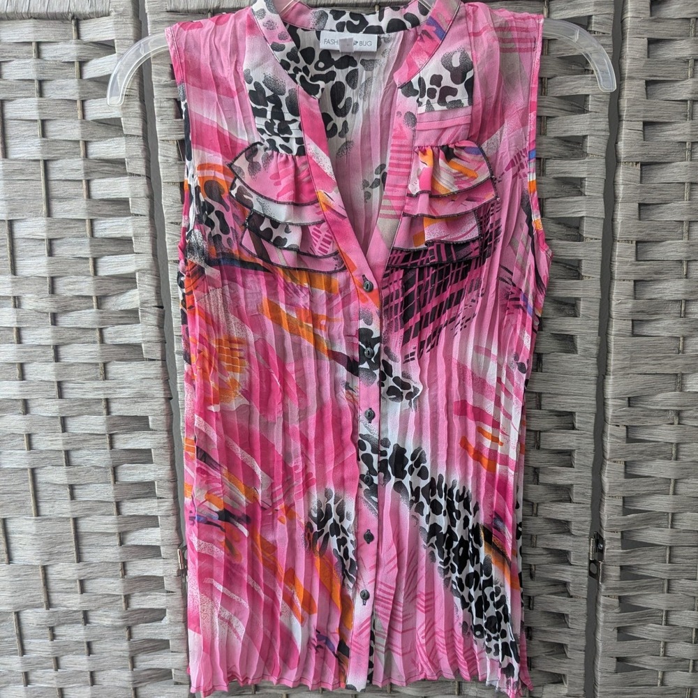 Vtg Y2K Sleeveless Top Pink Abstract Animal Print Ruffle Blouse Pleated Sz S